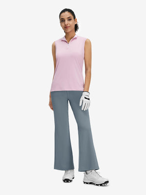 Front full body shot of model wearing grey blue women's high waist stretch golf pants with pockets