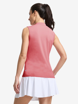 Back upper body shot of model wearing pink women's moisture-wicking mock neck sleeveless golf tops