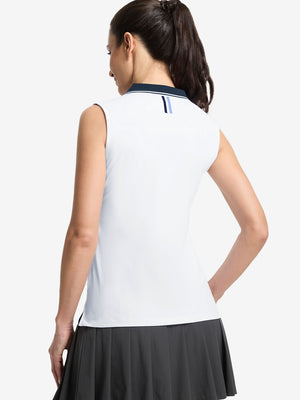 Back upper body shot of model wearing white women's collared v neck quick dry tank tops