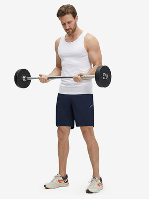 Front full body shot of model exercising in navy 4 way stretch breathable workout athletic shorts