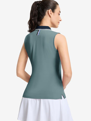 Back upper body shot of model wearing dusty blue women's collared v neck quick dry tank tops