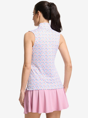 Back upper body shot of model wearing colorful hearts women's sleeveless q-zip print quick dry golf tops