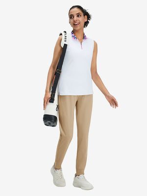 Front full body shot of model wearing light khaki women's lightweight athletic sweatpants