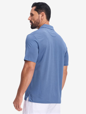 Back half body shot of model wearing light blue navy comfy breathable pin-stripe texture golf polos