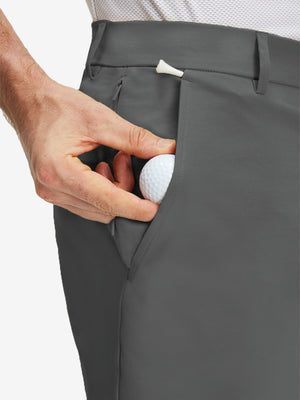 Detail view of front pocket on dark grey flat front flex cotton blend golf shorts