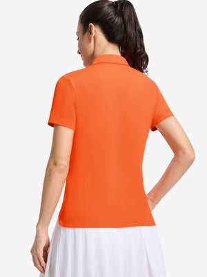Back upper body shot of model wearing orange women's 5 buttons collared polo shirts