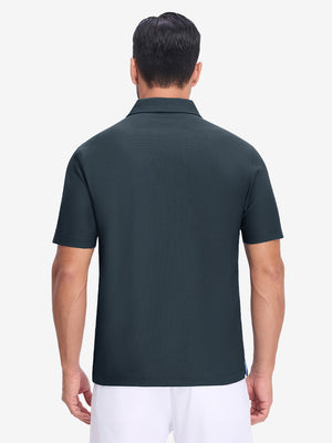 Back upper body shot of model wearing dark grey dry fit waffle textured collared golf shirts