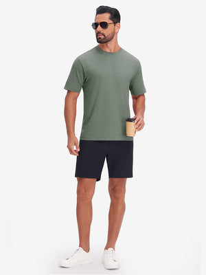 Front full body view in celadon green heather of moisture wicking heather round neck athletic t-shirts.