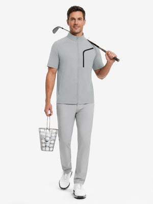 Full body model holding golf equipment, lightweight upf50+ short sleeve golf vests jacket in silver grey