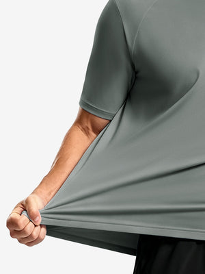 Side fabric stretch display in grey of men's short sleeve slim fit roma knit t-shirt.