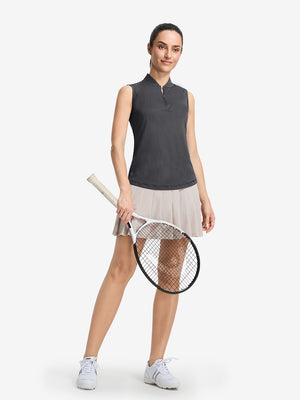 Front full body shot of model exercising in light and dark grey women's q-zip pin striped texture golf shirts