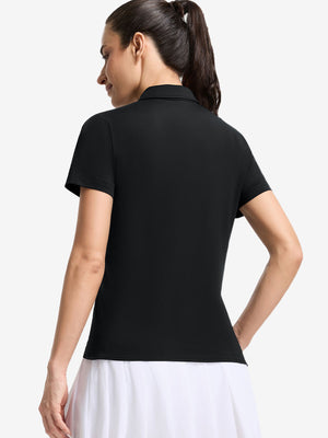 Back upper body shot of model wearing black women's 5 buttons collared polo shirts