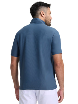 Back upper body shot of model wearing slate blue waffle texture 1/4 zip pullover