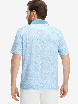 Back upper body shot of model wearing blue antichoke premium ribbed collar print polo shirts