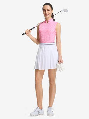 Front full body shot of model exercising in pink white florals women's sleeveless q-zip print quick dry golf tops