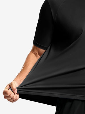 Side fabric stretch display in black of men's short sleeve slim fit roma knit t-shirt.