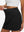 Detail view of elastic waistband on black high waist built-in short a-line golf skirt with 5 pockets