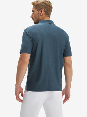 Back half body shot of model wearing dolphin grid performance reflective checked collar golf shirt