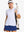 Front half-body of model in WHITE Women's Performance Solid Polo with golf bag