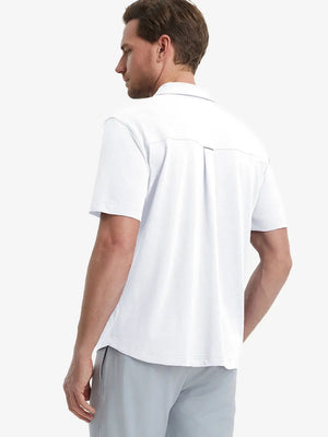 Model half-body back view wearing WHITE Cotton Blend Plain Shirt.