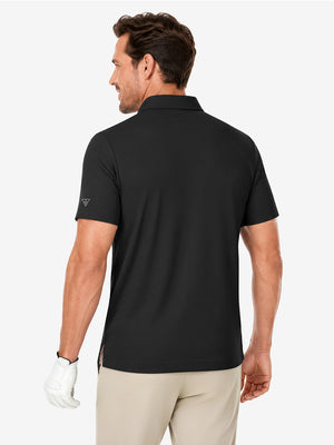 Back upper body view in black of nylon blend casual jacquard polo shirts.