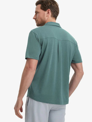 Model half-body back view wearing SEA MOSS Cotton Blend Plain Shirt.