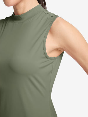 Detail view of armhole on mossy stone women's moisture-wicking mock neck sleeveless golf top