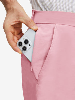 Detail view of inner front pocket on pink flat front flex cotton blend golf shorts