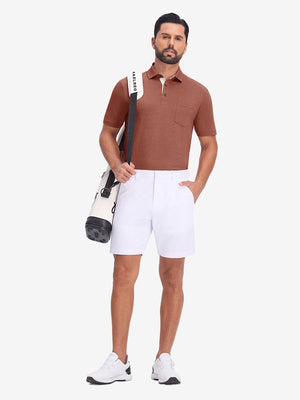 Front full body with golf bag in red ochre heather of performance heather contrast collar polo shirts.