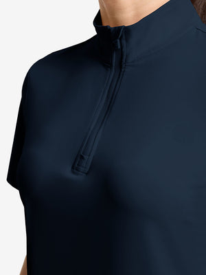 Detail view of neck zipper on navy women's breathable 1/4 zip pullover golf shirts