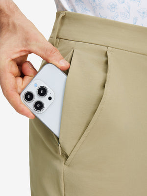 Detail view of double pockets on khaki stretch cotton blend slim fit golf trousers 5 pockets
