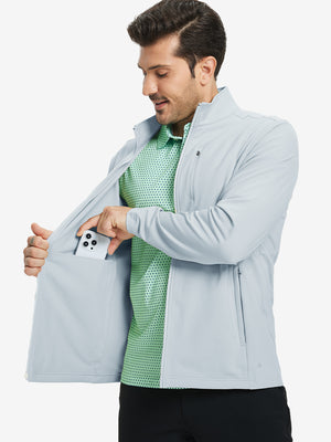 Close-up of hand in pocket on lightweight casual fleece jacket with 5 pockets, misty grey fabric detail