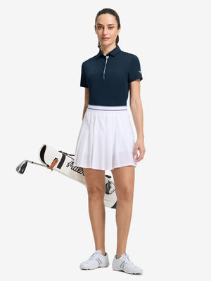 Front full body shot of model exercising in navy women's 5 buttons collared polo shirts