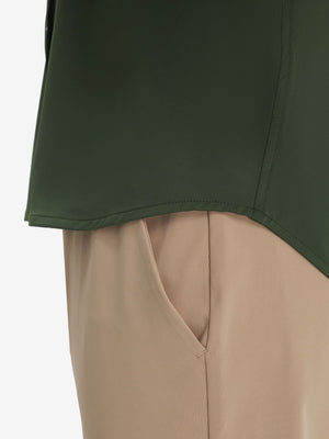Detail view of hem on military green cool print plain button up shirts