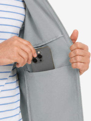 Close-up of inner pocket structure of garment, lightweight upf50+ short sleeve golf vests jacket in silver grey
