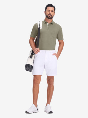 Front full body with golf bag in taupe heather of performance heather contrast collar polo shirts.
