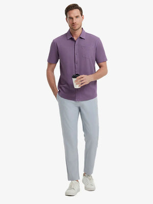 Full-body view of model holding takeaway drink cup in PURPLE Cotton Blend Plain Shirt.
