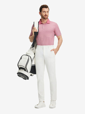 Front full body shot of model exercising in pink small fish premium ribbed collar print polo shirts