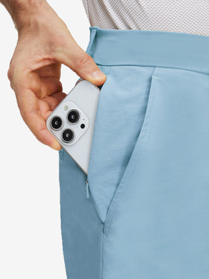 Detail view of inner front pocket on sky blue flat front flex cotton blend golf shorts