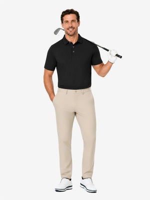 Front full body with golf club in black of nylon blend casual jacquard polo shirts.