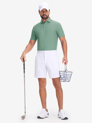 Front full body shot of model wearing green grey dry fit waffle textured collared golf shirts