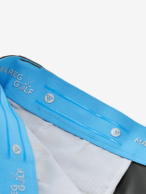 Inside waistband detail of water-resistant golf stretch nylon pants featuring maelreg logo, dark grey.