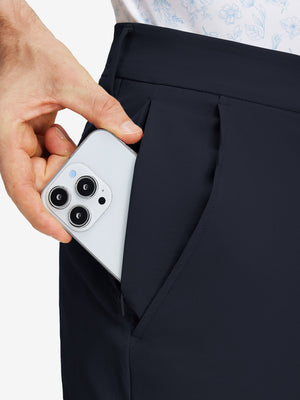Detail view of double pockets on navy stretch cotton blend slim fit golf trousers 5 pockets