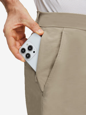 Detail view of inner front pocket on khaki grey flat front flex cotton blend golf shorts