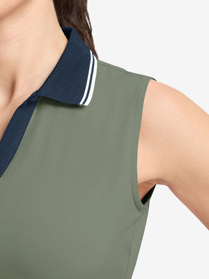 Detail view of armhole on mossy stone women's collared v neck quick dry tank tops