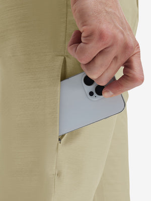 Detail view of side pocket on khaki straight fit lightweight dress golf pants