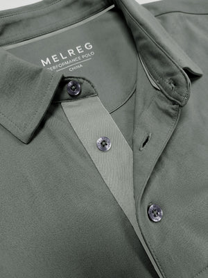 Collar and button detail close-up, ultra-comfort slim fit roma knit polo shirts in grey