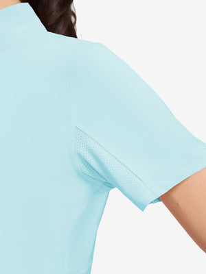 Detail view of cuff on light blue women's breathable 1/4 zip pullover golf shirts