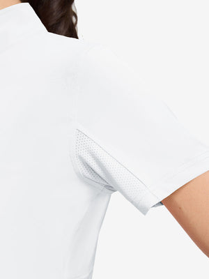 Detail view of cuff on white women's breathable 1/4 zip pullover golf shirts