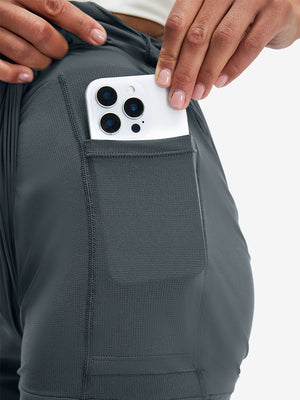 Inside view of pocket on dark grey women's high waist 2 in 1 quick dry shorts with 7 pockets